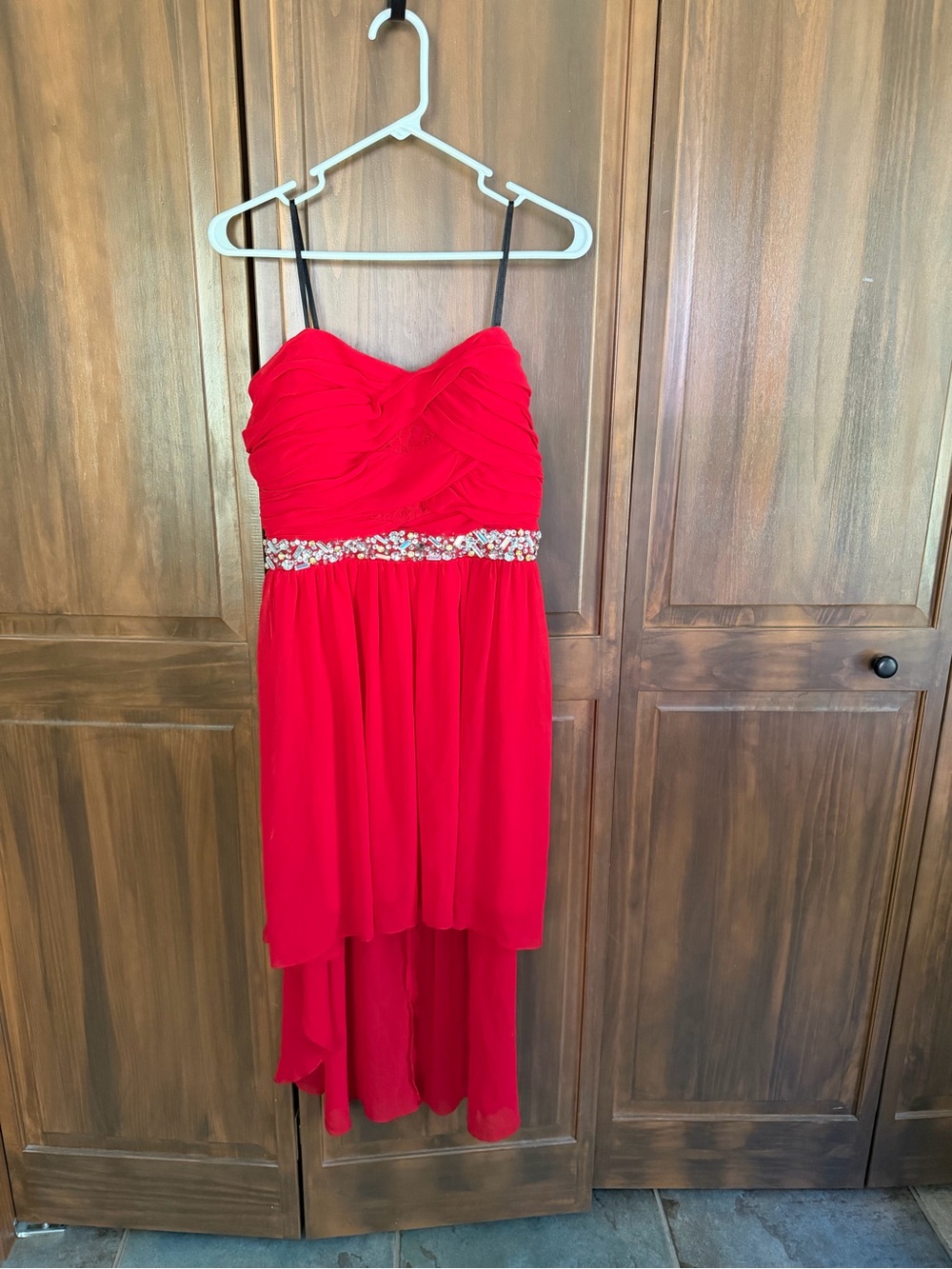 City Triangles Red High-Low Chiffon Dress with Beaded Waistband
